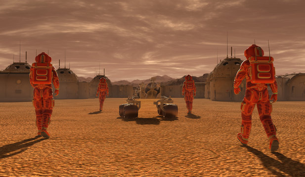Mars colony. Expedition on alien planet. Life on Mars. 3d Illustration.