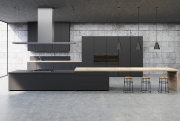 Concrete kitchen interior, black cabinets