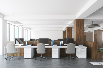 Wooden and white open space office interior