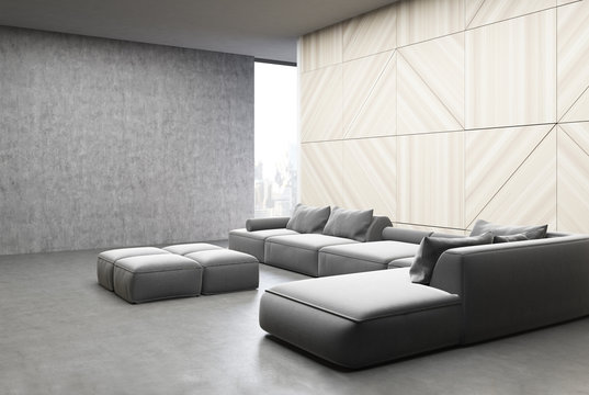 Wood and concrete living room, sofas