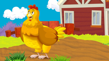 Obraz na płótnie Canvas cartoon scene with happy hen in the backyard on the farm - illustration for children