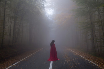 Red Riding Hood portrait in the autumn foggy forest