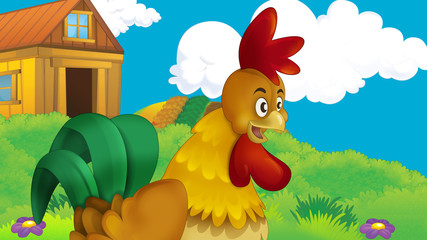 cartoon scene with rooster on the meadow near wooden farm house illustration for children