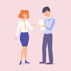Vector. The employee reports to the manager about the project. The teacher helps the student. New work. Communication between two people.