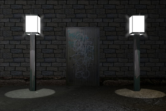 beschmierte T&uuml;r in einer mauer mit Stra&szlig;enlampen an den Seiten