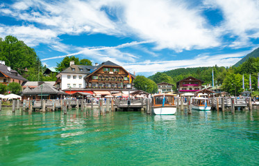 Fototapeta na wymiar Pier in Schonau am Konigssee for beautiful boat sightseeing tour, Konigssee, Bavaria, Germany, Europe