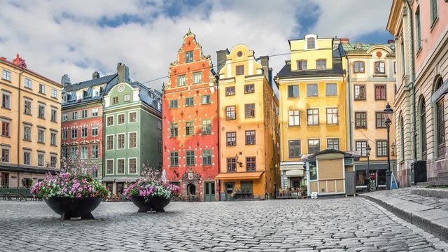 Old colorful houses on Stortorget square in Stockholm, Sweden (static image with animated sky)
