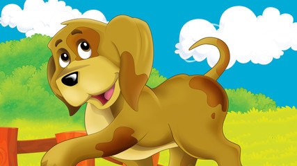 cartoon scene with dog going for a walk - illustration for children