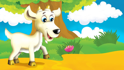 cartoon scene with young goat having fun illustration for children 