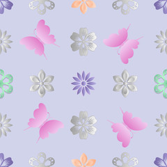 Seamless background with flowers and butterflies