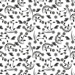 Seamless background with wildflowers black ornament on a white background