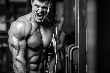 Fototapeta na wymiar Handsome model young man training arms in gym