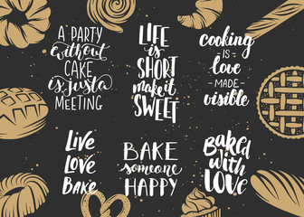 Set of bakery vector lettering with engraved elements for greeting cards, decoration, prints and posters. Hand drawn typography design elements. Handwritten lettering. Modern ink brush calligraphy.