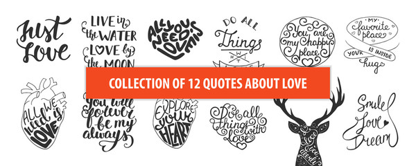 Set of romantic and love vector hand drawn unique typography design element for greeting cards, decoration, prints and posters. Modern calligraphy. Handwritten lettering.