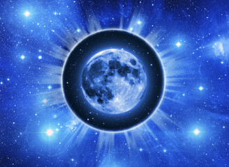 Moon in a light circle over blue starry Universe background  like a concept Lunar astrology 