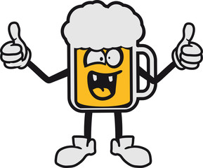 glas krug oktoberfest comic cartoon gesicht figur lachen daumen drücken hoch bier flasche alkohol saufen trinken