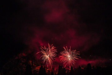 Colorful fireworks of traditional Santa Augusta celebration, Vittorio Veneto, Italy