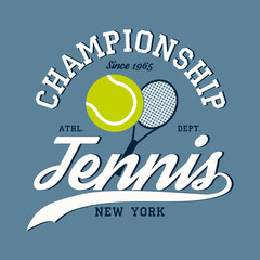Tennis sports apparel with racket and ball. New York championship. Typography emblem for t-shirt. Design for athletic clothes print. Vector illustration.