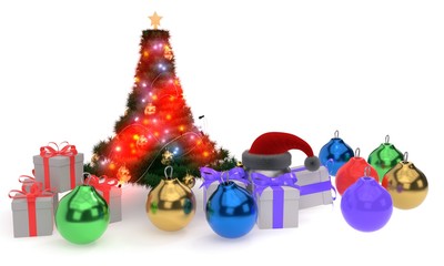 Christmas tree balls hat gift packages, 3d render