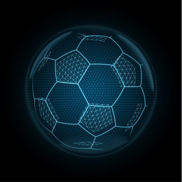 Vector image of a soccer ball made of glowing lines, points and polygons