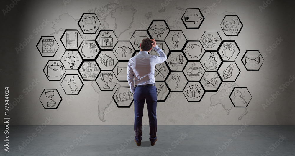 Poster Businessman watching multimedia interface sketch on a wall 3D rendering
