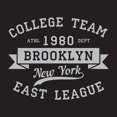 New York, Brooklyn - print logo. Graphic design for t-shirt, sport apparel. Typography for clothes. College team, east league. Vector illustration
