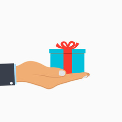 Gift box with ribbon in hand. Man holds gift-box in palm. Surprise, present. Vector illustration.