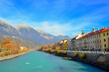 Mountains and the blue river- Innsbruck, Austria, during the month of November