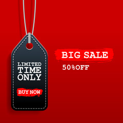 Black friday sale tag with discount on red background