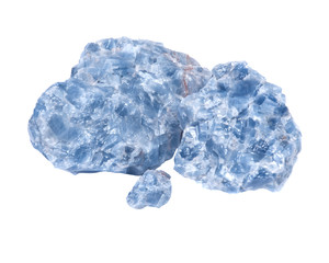 Raw blue calcite clusters isolated on white background