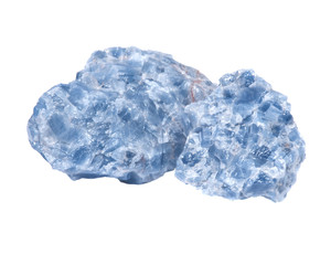 Raw blue calcite clusters isolated on white background