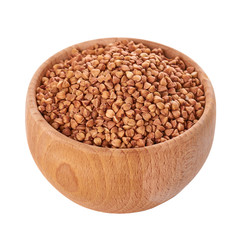 organic buckwheat in wooden pot isolated on white background