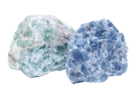 Raw Blue Calcite  and Green Apophyllite Clusters in matrix isolated on white background