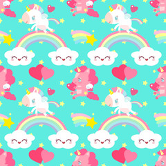 Cute pink unicorn with a heart pattern. Little Pony. Children's character. A magical country with a rainbow.