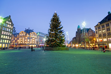 Christmas on the Damsquare in Amsterdam in the Netherlands at night