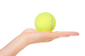 Single tennis ball in hand isolated on white background