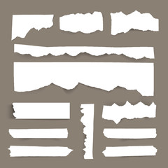Set of blank Torn paper sheets. Vector note pieces collection with sticky tape.