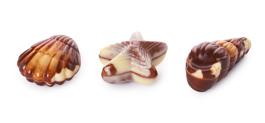 various chocolate pralines isolated on white background