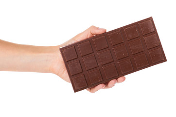 chocolate bar with nuts in hand isolated on white background