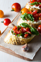 Tomato and cheese fresh made bruschetta. Italian tapas, antipasti with vegetables, herbs and oil on grilled ciabatta and baguette bread.