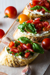 Tomato and cheese fresh made bruschetta. Italian tapas, antipasti with vegetables, herbs and oil on grilled ciabatta and baguette bread.
