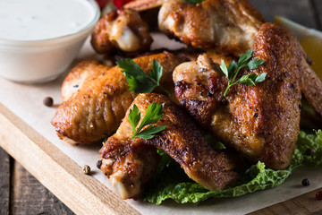 Close-up photo of bbq chicken wings with fries and beer. Barbeques meat with sauces, ketchup, mayonnaise. Fast and junk food concept. 