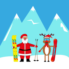 santa claus skier and deer snowboarder