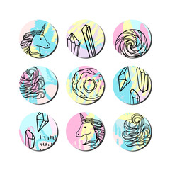 Collection of decor elements and stickers with hand drawn textures, unicorns and sweets. Vector.