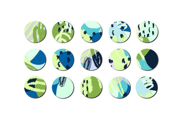 Collection of decor elements and stickers with hand drawn textures made by ink. Vector.