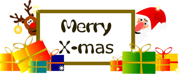 Weihnachtsmann und Rentier mit Schild und Geschenken