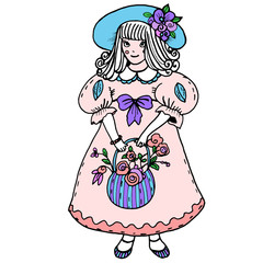Pretty girl in hat and colorful tender dress with bow and floral basket. Cute child for invitations and wedding cards. Bridesmaid. Pink,blue, lilac. Hand drawn character isolated on white background.