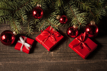 Luxury New Year gifts, different present boxes under Christmas tree in holiday eve, Christmastime celebration, home decorated with festive shiny balls, magic night