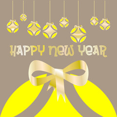 Christmas card decorated with colored balls and golden bow with on brown background. "Happy new year" written in English language