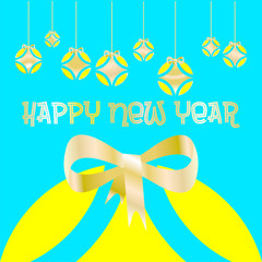 Christmas card decorated with colored balls and golden bow with on blue background. "Happy new year" written in English language
